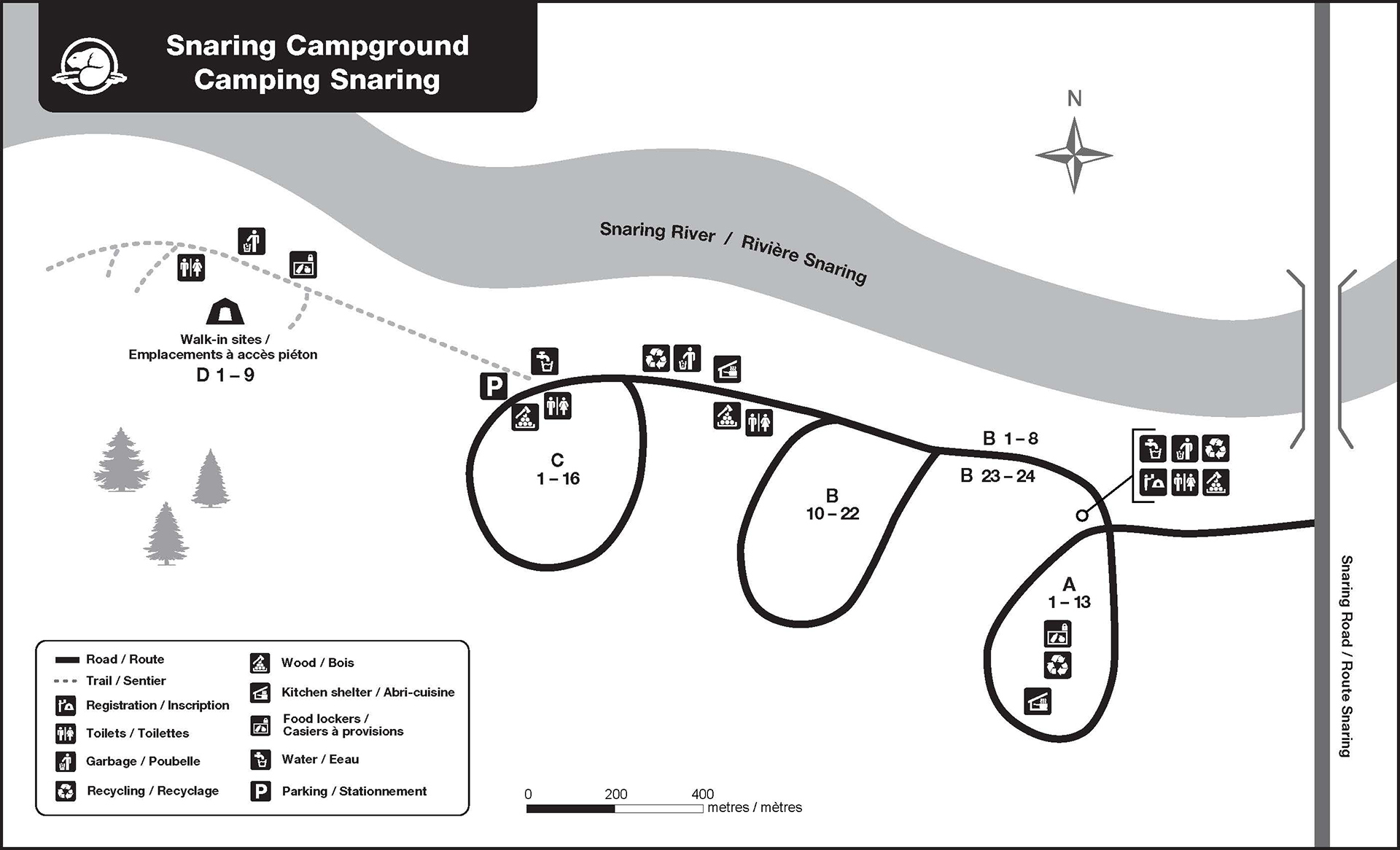 Official map of Snaring Campground showing loops and site numbers